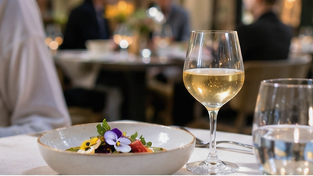 Dégustation gastronomique avec verre à pied et assiette de restaurant