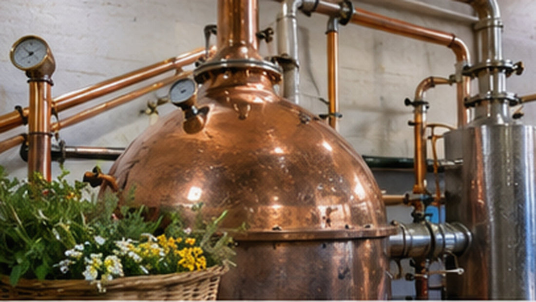 Alambic en cuivre et plantes aromatiques en cours de distillation