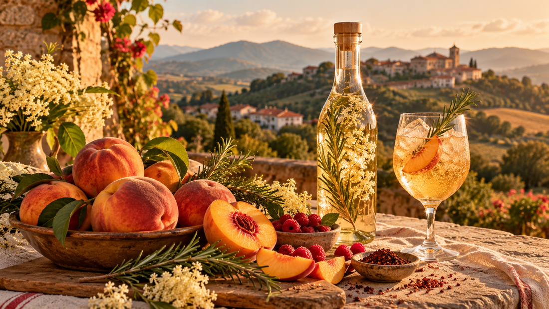 Fruits, plantes et boisson pétillante dans un terroir français au coucher du soleil
