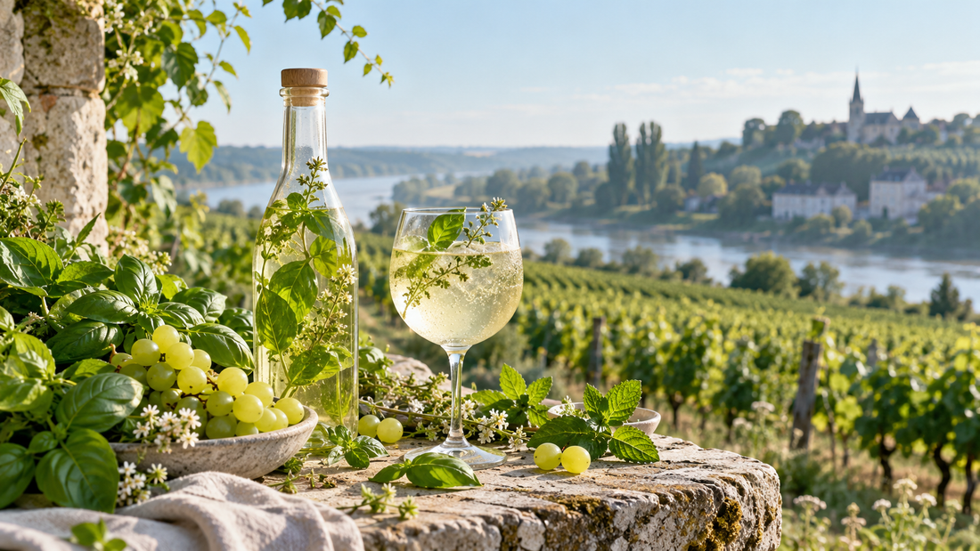 Hydrolats, basilic, raisin et plantes françaises dans un paysage viticole