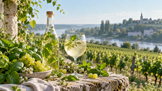 Hydrolats, basilic, raisin et plantes françaises dans un paysage viticole